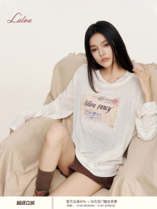 Lii.Liilou Cozy Fit Long Sleeve T-Shirt Vintage Stamp Print Asymmetrical Neckline Fake Two-Piece Style Womens Fashion Top