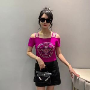 412YIMEI Áo thun nữ phong cách Trung Quốc mới mùa hè 2025 đính kim cương áo lưới hai lớp bằng lụa băng tay ngắn thời trang vai trễ lưng đẹp áo nhỏ