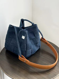 Luxury Leather Denim Woven Bucket Bag Womens 2025 New Style Commute Market Basket High-End Sensation Single Shoulder Bag