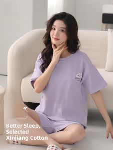 Miiow | Pure Cotton Short Sleeve Sleepwear Womens Home Clothes Set With Chest Pad Summer Outwear Suitable For Youth Sweet Cute Style