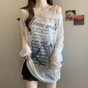 AIYITI | New Thin Off-shoulder Long-sleeve T-shirt for Summer Plus Size Womens Loose Ice Silk Sun Protection Top