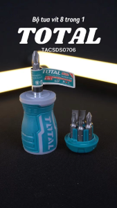 Bộ tua vít 8 trong 1 TOTAL TACSDS0706 chất liệu CR-V gồm 1 tay cầm và 7 đầu vít SL5 SL6 PH0 PH1 PH2 T10 T20