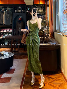 Silk Wrap Waist Gown Square Collar Sleeveless Dress Spring Summer Women High Waist Floral Print Halter Neck Gown Belted Waist
