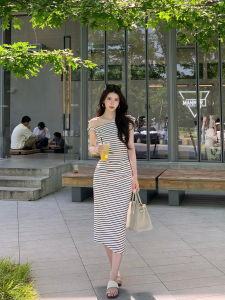 French Style Stripe Melody Womens Summer Dress Slimming Long Waist-Cinching Gown High Waist Knitted One Step Skirt H-Shape