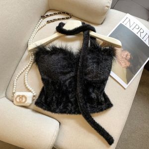GUZILIAN | Charming Water Mink Fur Collar Off-shoulder Bustier Tank Top
