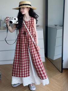Girls Summer Plaid Dress Red Checkered Long Skirt Childrens Dopaamine Layering Skirt Korean Style Vest Dress Breathable Sweat Absorbent Washable