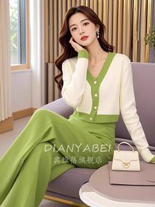Fall 2025 Korean Style Color Block High Waist Wide Leg Pants Top Bottom Set Ageless Fashion Commute Wear H Version Midi Dress