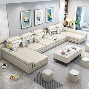 Modern Simple U-Shaped Fabric Sofa Double Fenghuang Tech Cloth Living Room Combination Sofa Artistic Sponge Filling Wooden Structure