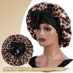 Ladies Fashion Leopard Print Sleep Cap with Long Ribbon Bow And Lace Edge Versatile Hair Accessory for Daily Beauty And Gifting