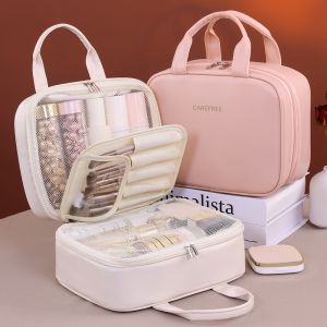 Multifunctional Makeup Bag For Women PU Leather Large Capacity Portable Double Zipper Travel Makeup Brush Toiletries Storage Bag