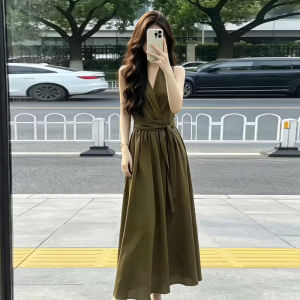 NIUVIES | Đầm Trà Kiểu Pháp Màu Xanh Không Tay Ôm Dáng