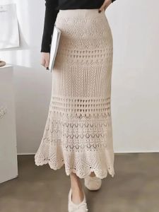 Fall New Womens Knit Boho Hollow Out Lace A-Line Skirts Fashion High Waist Knitted Bodycon Long Skirts Elegant Womens Clothing