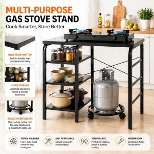 Royalstar Gas Stove Heavy Duty Thicken Carbon Steel Shelves Layer Stand with LPG Roller Gas Rack Stove Rack Kitchen Stand Organizer Space Saver