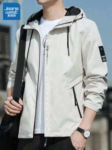 Jeanswest Mens Hooded Jacket Outdoor Casual Loose Trendy Spring Autumn Zipper Decorated Standard Fit Polyester Fiber