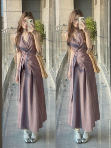 XUECAIQI | Purple V-Neck Halter Maxi Dress with Tie Design