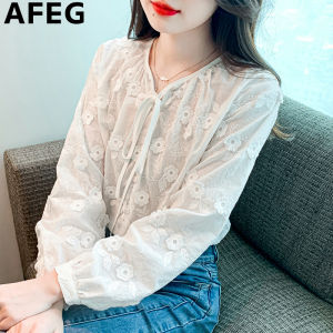 AFEG solid color Korean version V-neck bow fashion loose three-dimensional embroidered cotton long sleeve blouse