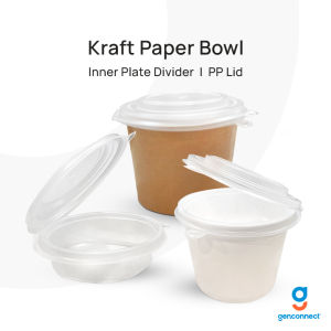Double Coating Kraft Paper Bowl with Inner Divider Lids - Disposable Paper Bowl Set Kraft Soup Cups Microwavable Kraft Bowl