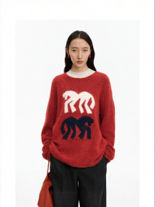 Red Loose New Year Knit Sweater Horse Pattern Round Neck