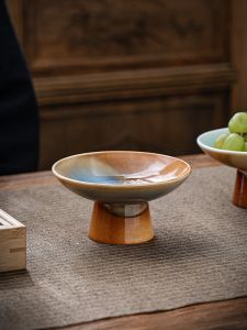 Handmade Ceramic High-legged Fruit Tray Luxury Home Use Japanese Style Tea Table Snack Plate Retro Pastry Tray Dessert Dish