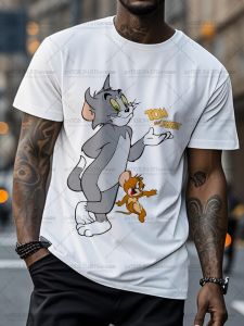 Hot Toys | Tom and Jerry Retro Cartoon Printed Cotton T-shirt Breathable O-Neck Short Sleeve T-shirt Casual Outdoor Retro Design Top