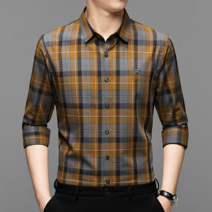 Business Casual Plaid Long Sleeve Shirt for Men Loose Fit Dad Coat Autumn Season Fashion Urban Style Polyester Blend Fabric