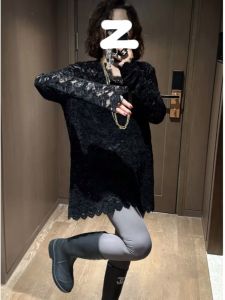 เสื้อเชิ้ตลูกไม้สไตล์ย้อนยุคสำหรับผู้หญิงไซส์ใหญ่ เสื้อเชิ้ตลูกไม้ทรงเข้ารูปสไตล์เกาหลี แขนยาว ปกโปโล เสื้อเชิ้ตแฟชั่น