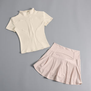 MUSUOGE | Quick-drying Stand Collar Zipper Shortsleeve Pockets Pleated Skirt Tight Fitness Suit