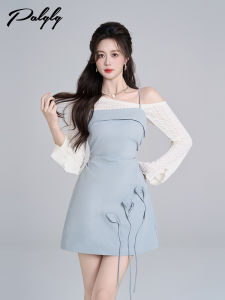 Váy Xòe Vai Màu Xanh Pháp Thiết Kế Cho Nữ Đầu Xuân Mới Nhỏ Thanh Lịch Váy Ngắn Hai Mảnh Không Tay Polyester