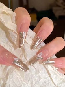 Moonlight Silver Butterfly Wear Armor Handmade Long Oval Magic Mirror Effect Powder Pure Desire Wind Fake Nail Patch Detachable