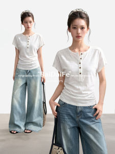BAIDAIFEI | White Henley Neck Fitted Short T-shirt