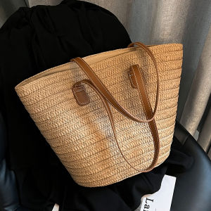 Womens Large Capacity Straw Woven Bucket Bag Beach Tote Bag Casual Shoulder Bag Soft Structure Fashionable Neutral Style