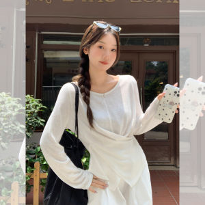 PPHOME Long Sleeve T-Shirt Womens Autumn Regular Fit round Neck Soft Elegant Design Sense Base Layer Top Asymmetrical Pleats Waist Cinch Button up