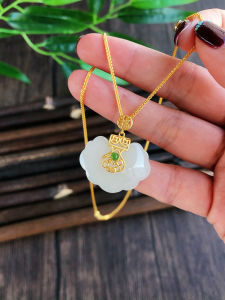 Hetian Jade Ruyi Necklace Womens Sterling Silver Gold Inlaid with Jade Safety Lock Pendant Jade to Give Mom Mothers Day Birthday Gift