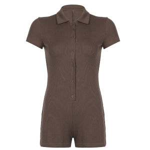 Solid Color High Waist One Piece Short Pants Tight Fit Collared Design Street Style Polyester Spring Summer Womens Suit