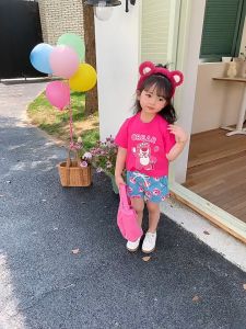 SweetKids ชุดเซ็ทเด็ก พร้อมส่งจากกทม ผญ ชุดเสื้อยืดการ์ตูนเด็กหญิง ชุดเด็กแขนสั้น+ขาสั้น เสื้อยืดหมีสตรอเบอร์รี่น่ารักชุด2ชิ