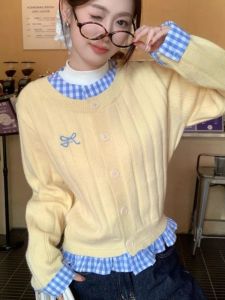 American Retro Plaid Splicing Fake Two-Piece Knitted Cardigan Womens Autumn Winter Slimming Versatile Sweater Korean Style Commute Loose Fit