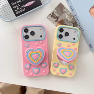 3D Color Heart Flip Mirror Stand Silicone Phone Case For iPhone 17 16 15 14 13 Pro Max Sweet Girly Candy Contrast Frame Anti-drop Cover