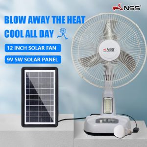 Nss solar fan 12 inch electric fan solar multifunctional rechargeable 220V AC desktop standard portable outdoor fan sale promo with solar panel and 2 LED lights