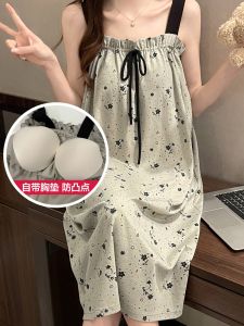 ชุดนอนผู้หญิงแขนกุดคอวีพิมพ์ลายดอกไม้ผ้าฝ้ายแท้ฤดูร้อน ชุดนอนเซ็กซี่ ชุดนอนในบ้าน ชุดนอนป้องกันการกระแทก