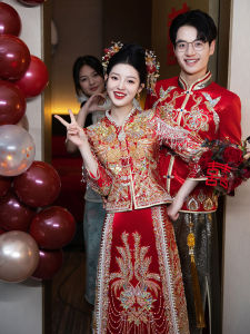 ชุดเจ้าสาวฮั่วเซี่ยม 2024 ชุดแต่งงานสไตล์จีนใหม่ ชุดกินเหล้า ชุดราตรี ขนาดเล็ก ฤดูใบไม้ร่วง/ฤดูหนาว เสื้อผ้าสำหรับผู้หญิง