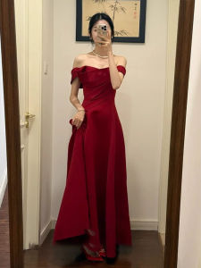 Red Satin Wedding Dress One Shoulder Long Gown for Marriage Proposals Vocal Art Exams Adult Ceremony Korean Style A-Line Skirt