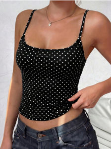 Áo Cami Chấm Bi Nữ Dây Điều Chỉnh Cổ Chữ U Kiểu Crop Top Ôm Sát Chất Liệu Polyester Thích Hợp Mặc Hàng Ngày Đi Phố Và Công Sở.