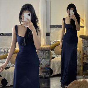 Elegant Blue French Style Strap Dress Womens Summer 2025 New Small Waist Cinched Long Dress High Waist Knitted Polyester