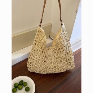 Large Capacity Woven Tote Bag Womens New Summer Casual Beach Vacation Beach Bag Underarm Womens Bag Soft Polyester Lining