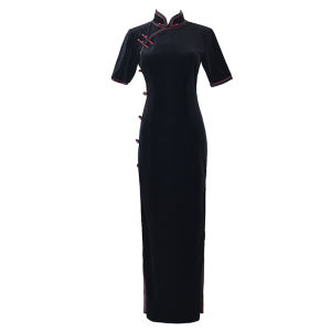 Elegant Long Silk Velvet Cheongsam Womens Traditional Chinese Style Simple And Slimming Daily Performance Show off Black