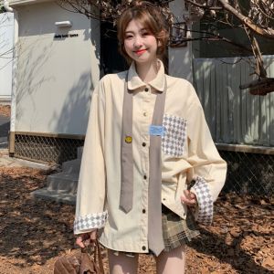 Korduroy Baju Wanita Lengan Long Jaket Polos Retro Top Longgar (Dasi+Lencana)