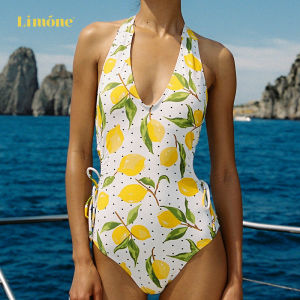 LIMONE | Resort Lemon Print Deep V Halter One-piece Swimsuit