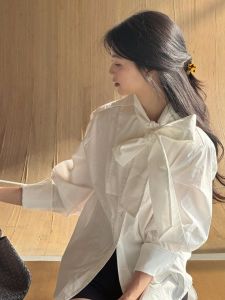 YUFUQING | French Elegant White Long Sleeve Shirt Women Early Autumn New Butterfly Knot Belt Loose Slimming Design Top For Commuting