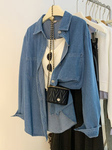 AMILUCK | Blue Denim Shirt Womens Loose Casual Base Layer Outerwear Autumn New Style Layering Design Sense Small Audience