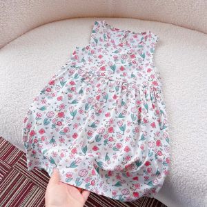 Girls Cotton Silk Dress Summer Breathable Beach Skirt Artificial Cotton Floral Print A-Line Dress Casual Style Childrens Clothing